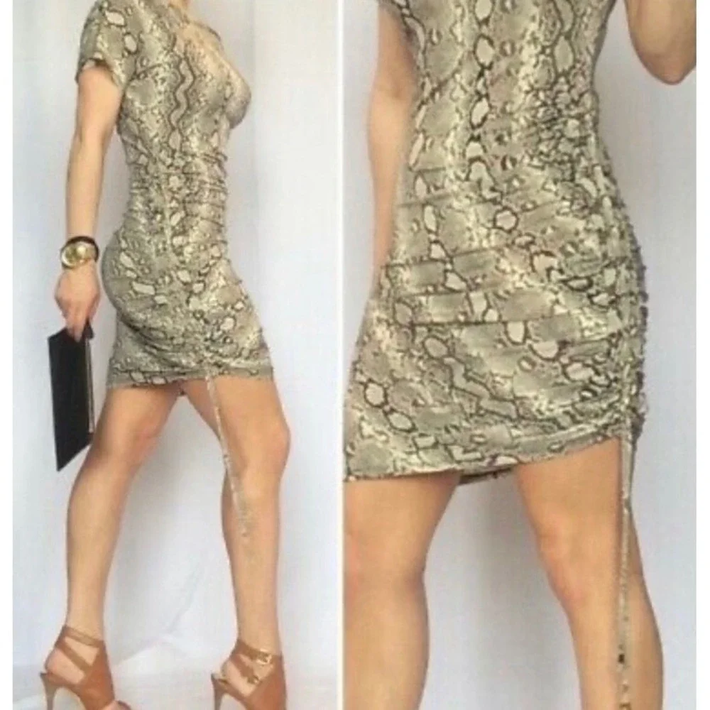 Michael Kors Snakeskin Ruched Side Grommet Dress Tan Brown‎ Short Sleeve Medium